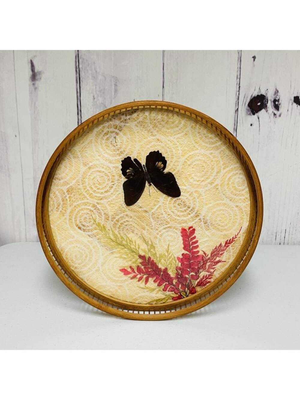 Vintage Pressed Butterfly Bamboo Sealed Serving Tray Floral Lace